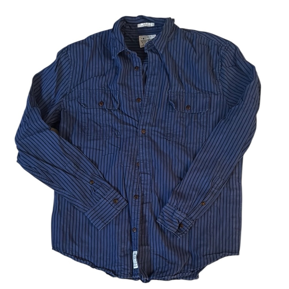Lucky Brand Navy Striped Button Down Shirt slim fit XL‎